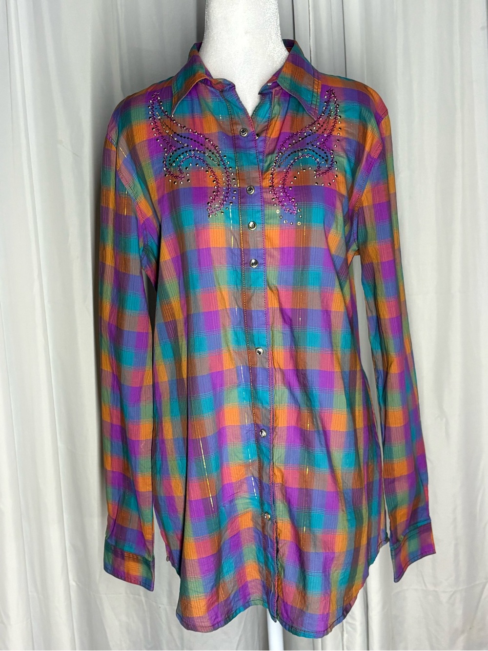 Rock 47 Women’s Multicolor Plaid Button-Down Shirt with Rhinestone Yoke Size L